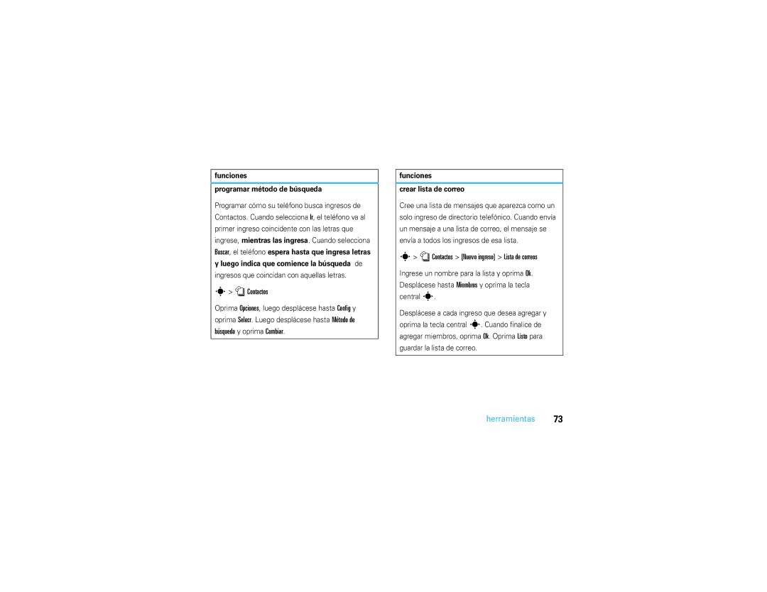 Motorola V3S manual NContactos Nuevo ingreso Lista de correos, Funciones Programar método de búsqueda 