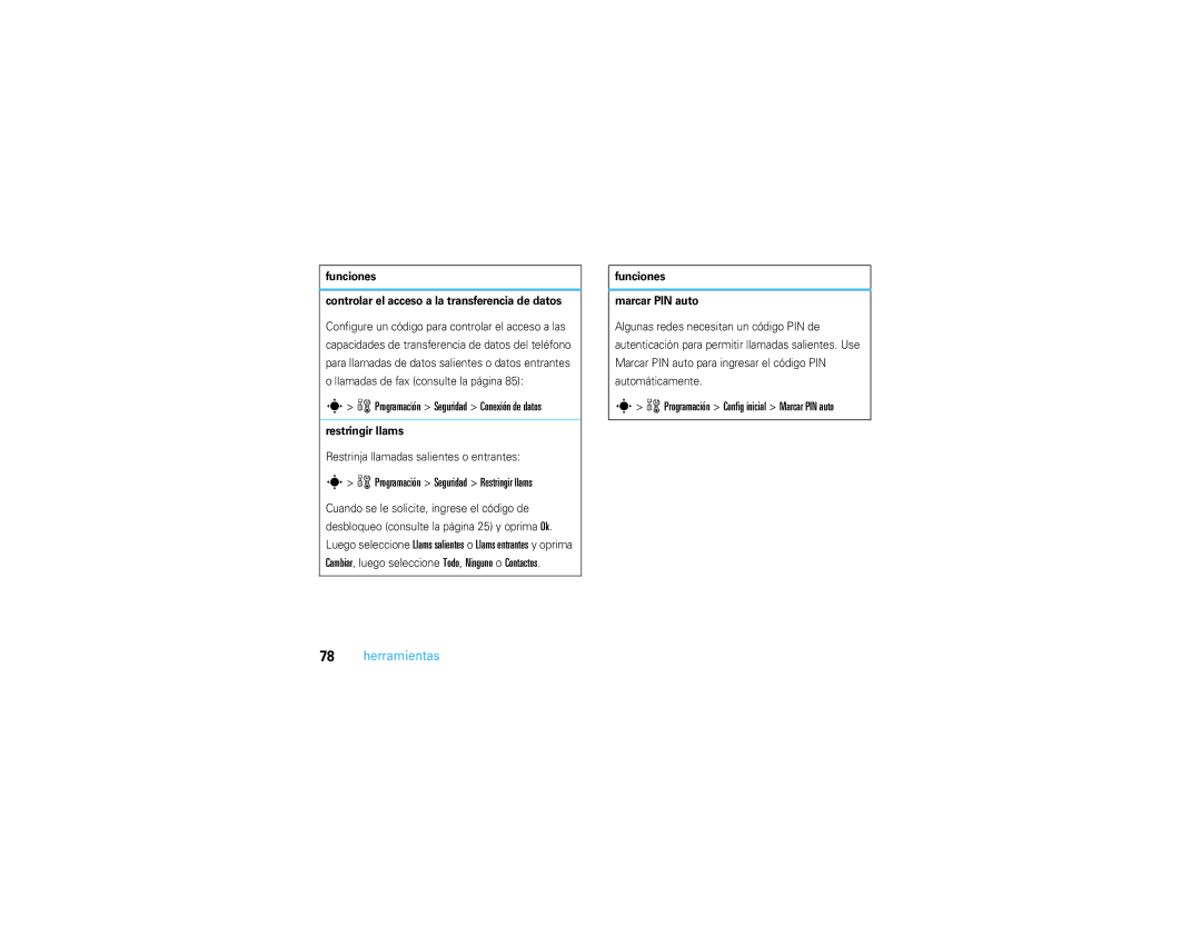 Motorola V3S manual WProgramación Seguridad Conexión de datos, WProgramación Seguridad Restringir llams 