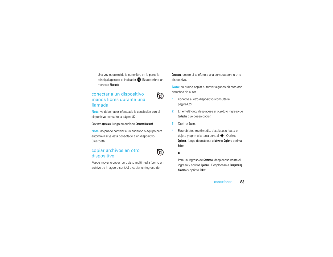 Motorola V3S manual Conectar a un dispositivo manos libres durante una llamada, Copiar archivos en otro dispositivo 