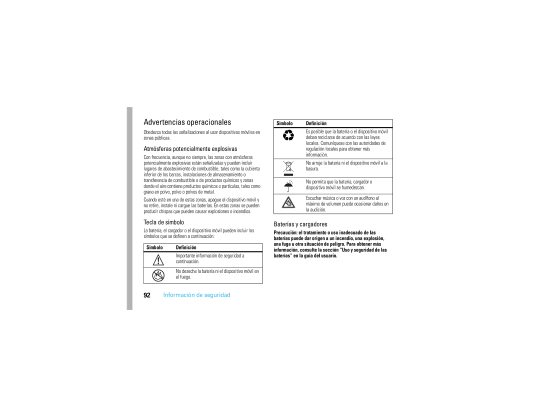 Motorola V3S manual Advertencias operacionales, No arroje la batería ni el dispositivo móvil a la basura 