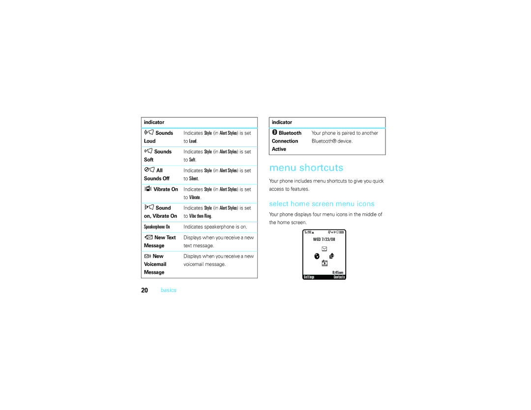 Motorola V3S manual Menu shortcuts, Select home screen menu icons, To Silent 