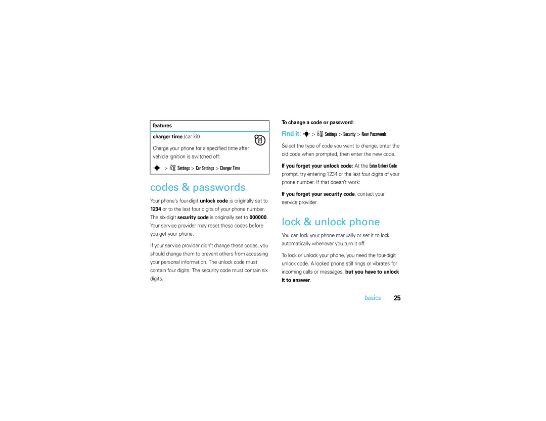 Motorola V3S manual Codes & passwords, Lock & unlock phone, WSettings Car Settings Charger Time 