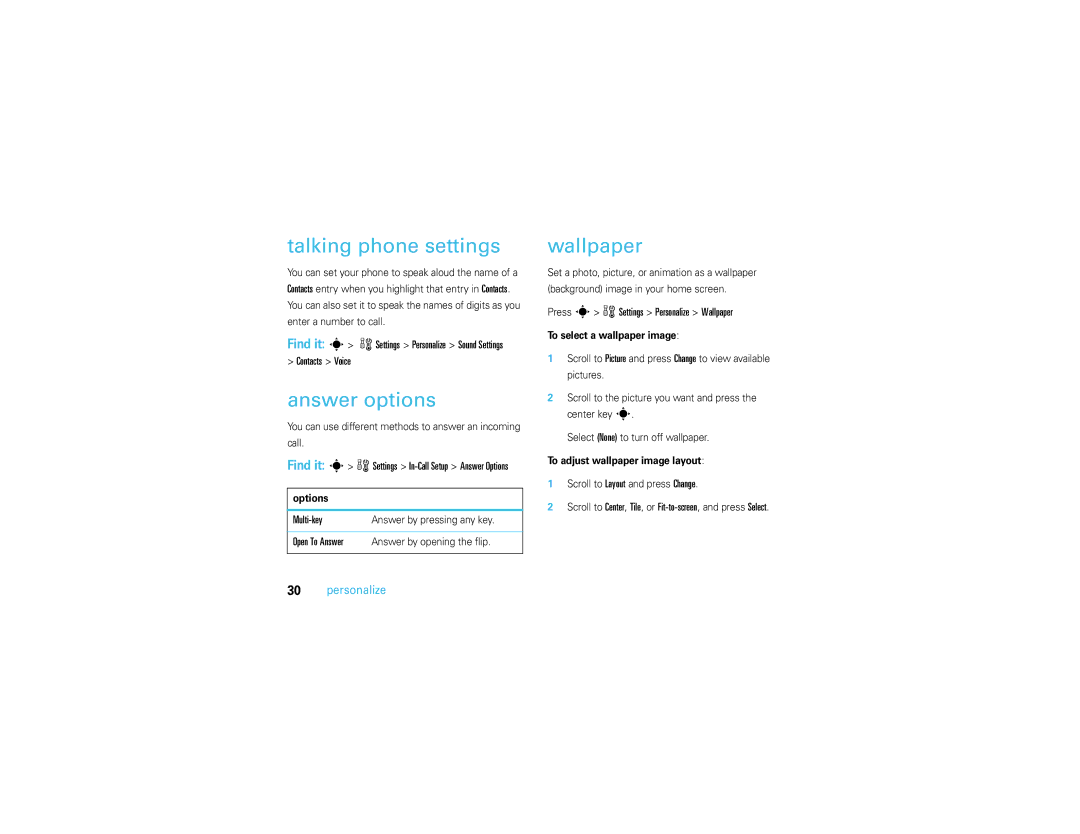 Motorola V3S manual Talking phone settings, Answer options, Wallpaper 