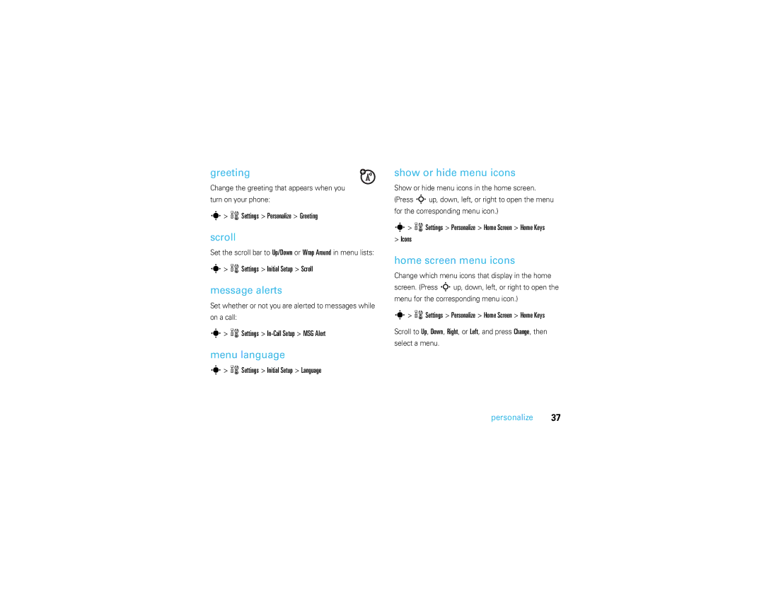 Motorola V3S manual Greeting, Scroll, Message alerts, Menu language, Show or hide menu icons, Home screen menu icons 