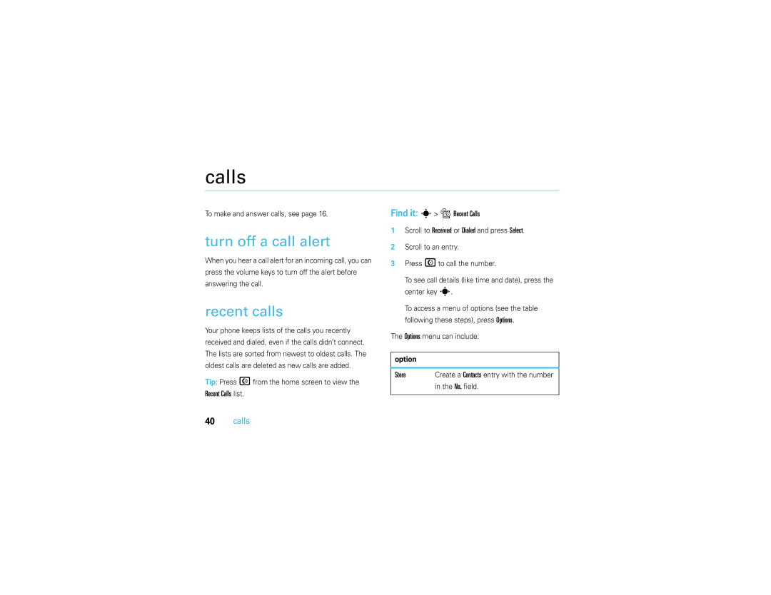Motorola V3S manual Calls, Turn off a call alert, Recent calls 