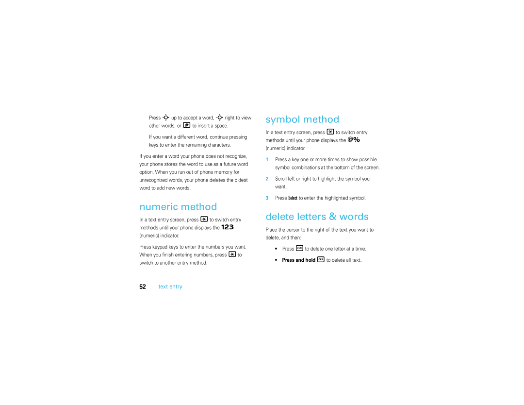 Motorola V3S manual Numeric method, Symbol method, Delete letters & words 