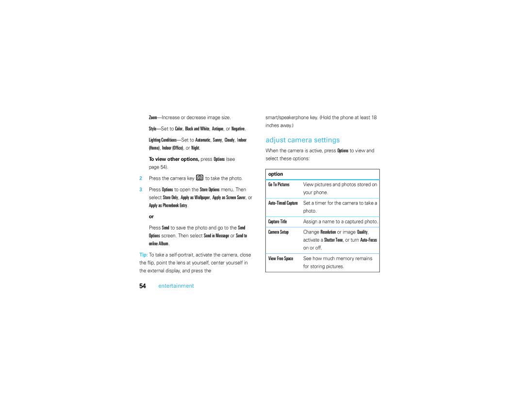 Motorola V3S manual Adjust camera settings, Capture Title, Camera Setup, To view other options, press Options see 