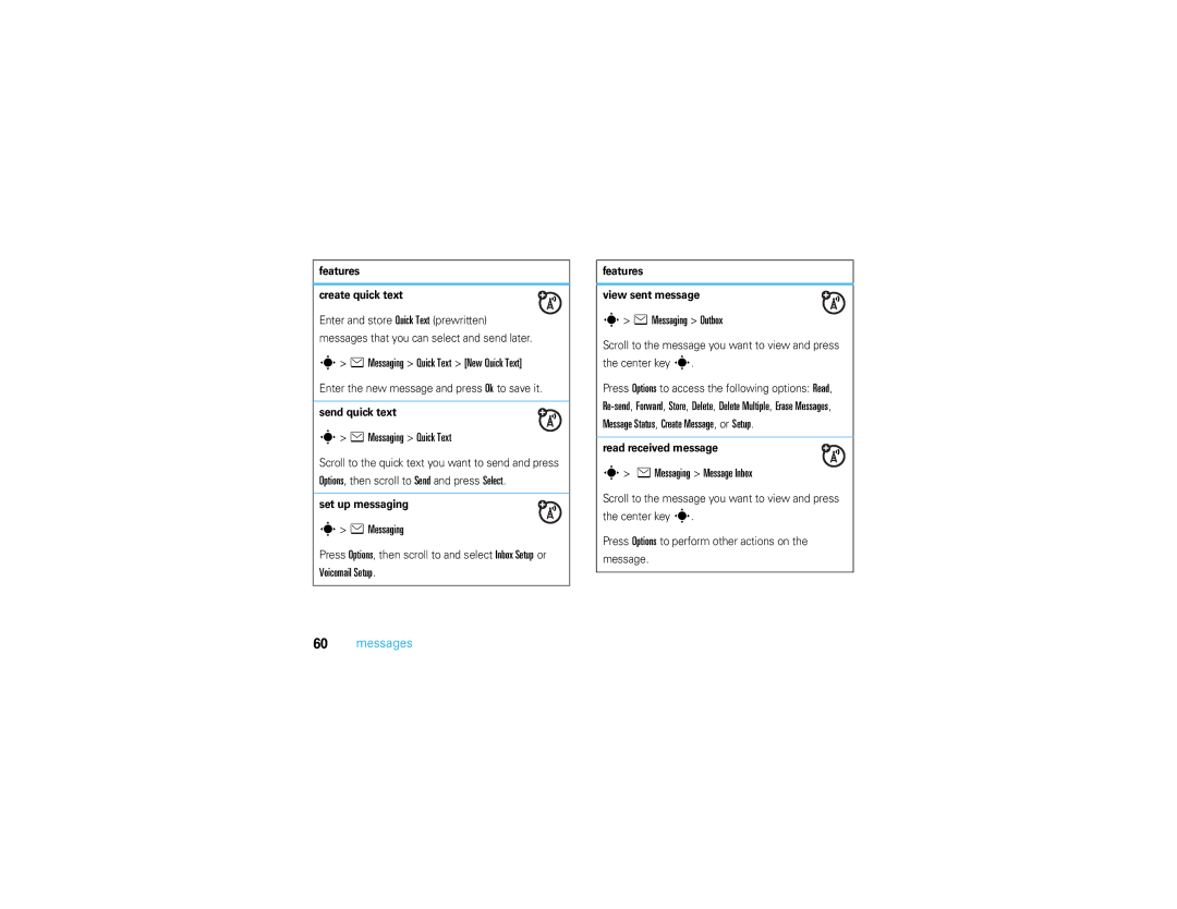 Motorola V3S manual EMessaging Quick Text New Quick Text, EMessaging Outbox, Message Status, Create Message, or Setup 