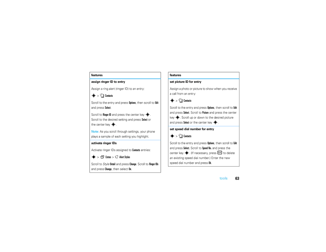 Motorola V3S manual FExtras t Alert Styles, Features Assign ringer ID to entry, Activate ringer IDs 