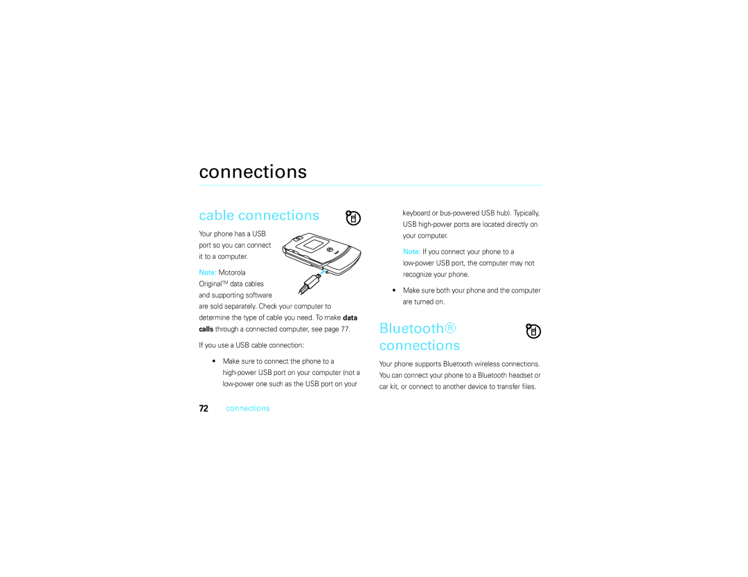 Motorola V3S manual Connections, Cable connections, Bluetooth connections, If you use a USB cable connection 