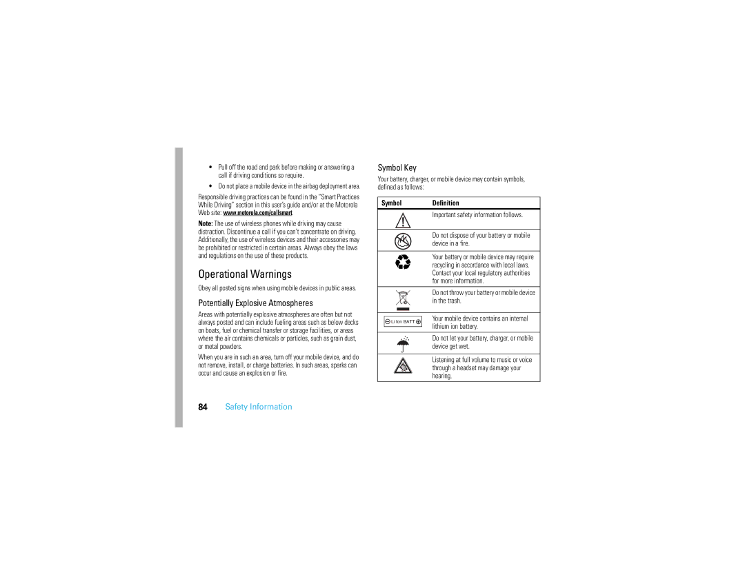 Motorola V3S manual Operational Warnings 