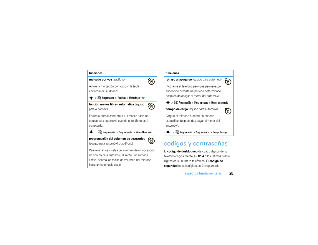 Motorola V3S manual Códigos y contraseñas, WProgramación Audífono Marcado por voz, Funciones Marcado por voz audífono 