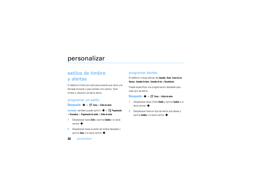 Motorola V3S manual Personalizar, Estilos de timbre y alertas, Programar un estilo, Programar alertas 