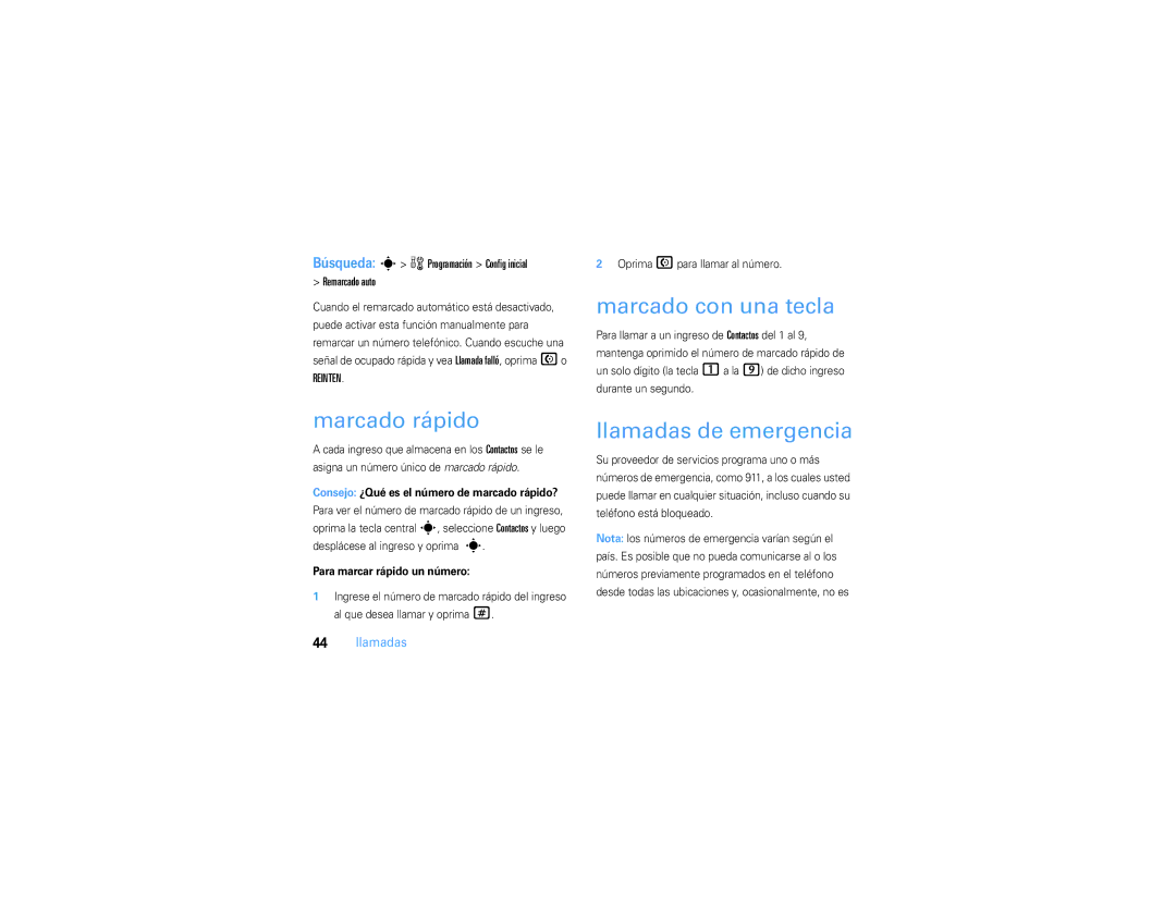 Motorola V3S manual Marcado rápido, Marcado con una tecla, Llamadas de emergencia 