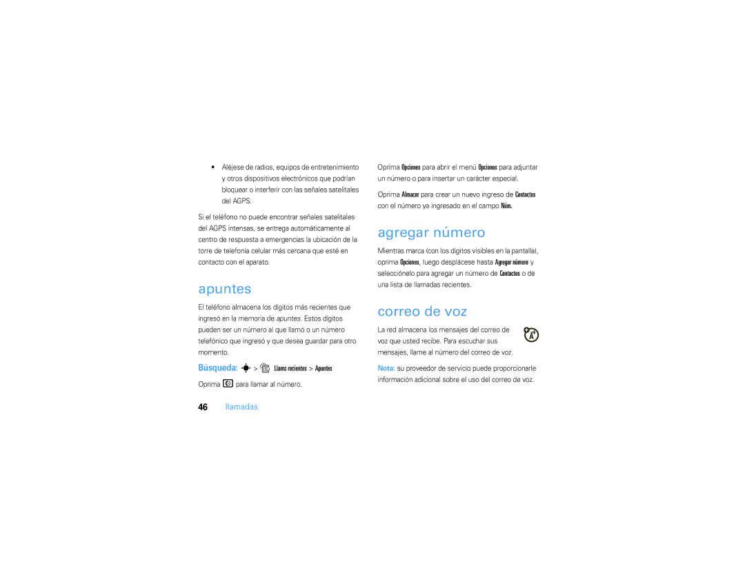 Motorola V3S manual Agregar número, Correo de voz, Búsqueda s s Llams recientes Apuntes 