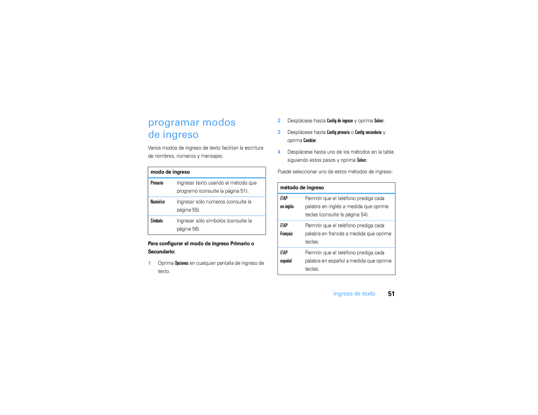 Motorola V3S manual Programar modos de ingreso, En inglés, Modo de ingreso, Método de ingreso 