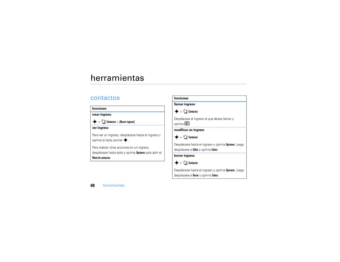 Motorola V3S manual Herramientas, Contactos 