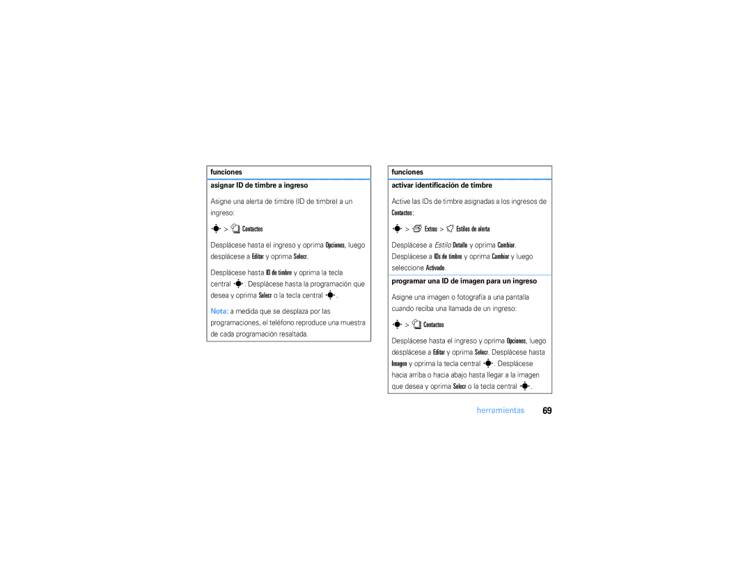 Motorola V3S manual Contactos FExtras t Estilos de alerta, Funciones Asignar ID de timbre a ingreso 