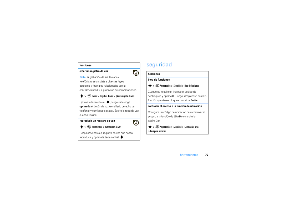 Motorola V3S manual Herramientas Grabaciones de voz, WProgramación Seguridad Bloq de funciones 