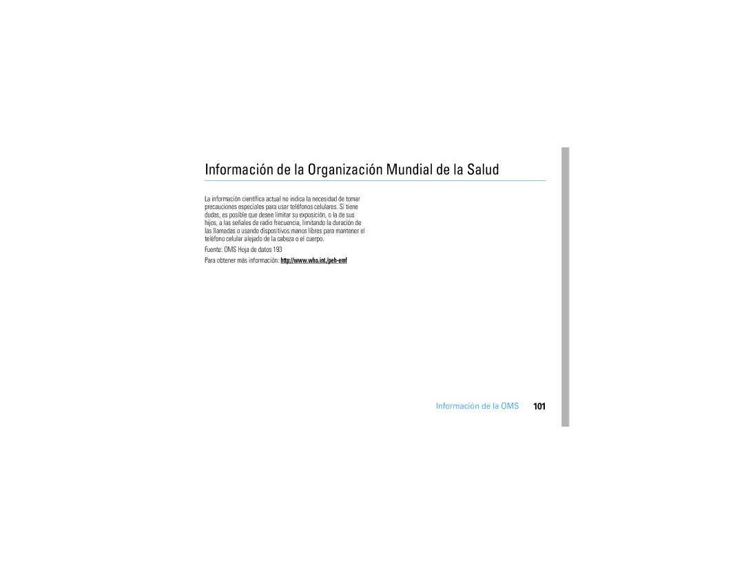 Motorola V3S manual Información de la Organización Mundial de la Salud, Información de la OMS, Fuente OMS Hoja de datos 