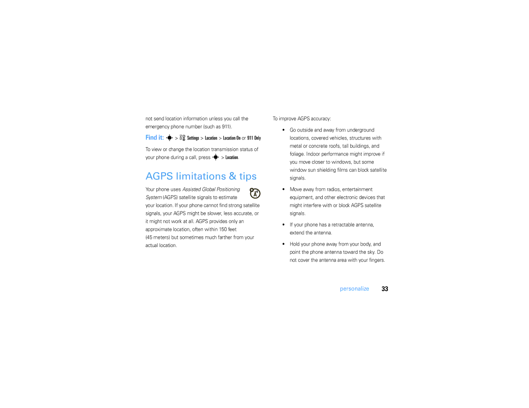 Motorola V3S manual Agps limitations & tips 