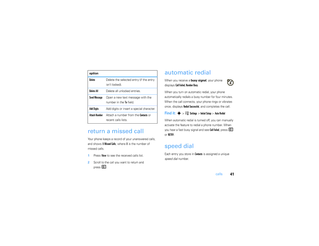 Motorola V3S manual Return a missed call, Automatic redial, Speed dial 