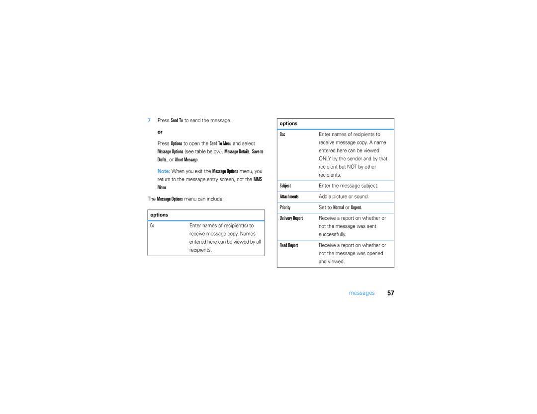 Motorola V3S manual Bcc, Subject, Attachments, Priority Set to Normal or Urgent Delivery Report, Read Report 