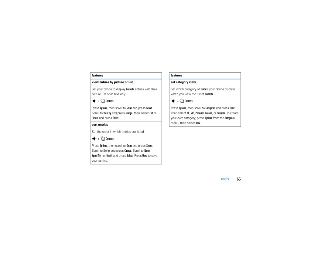 Motorola V3S manual Features View entries by picture or list, Sort entries, Set the order in which entries are listed 