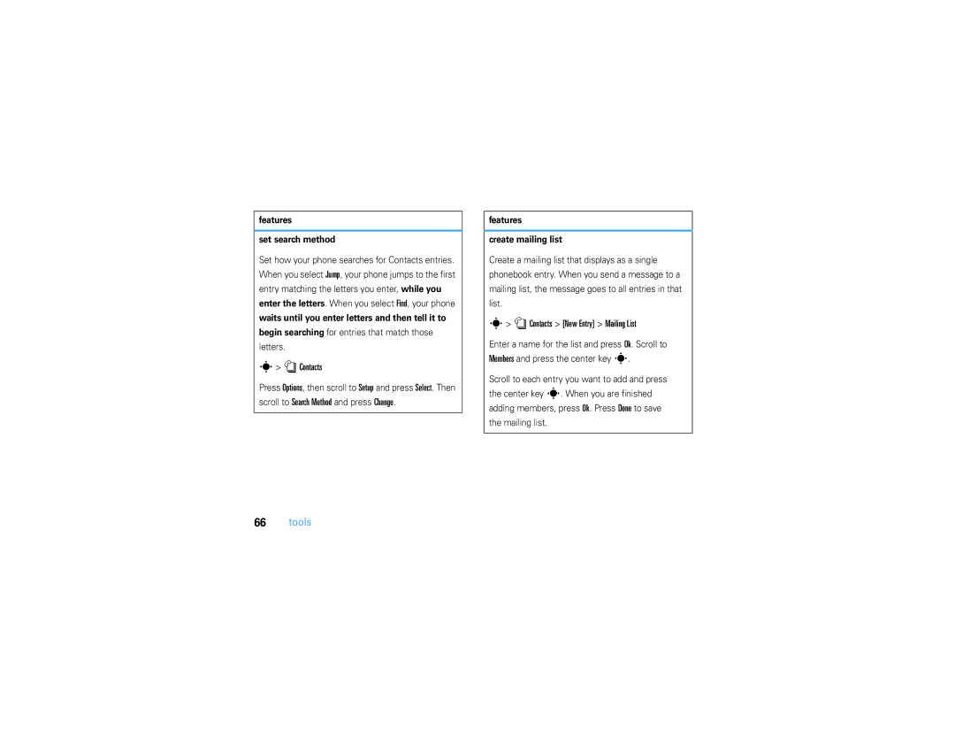 Motorola V3S manual NContacts New Entry Mailing List, Features Set search method, Features Create mailing list 