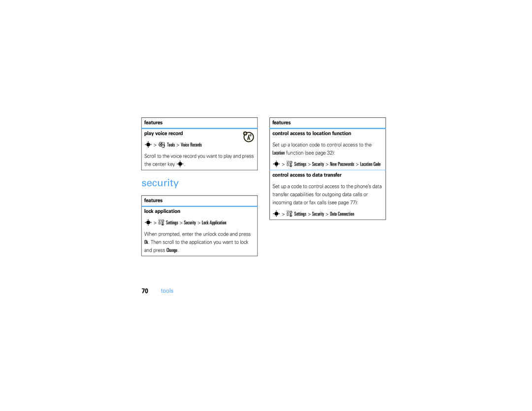 Motorola V3S manual Tools Voice Records, WSettings Security Lock Application, WSettings Security Data Connection 