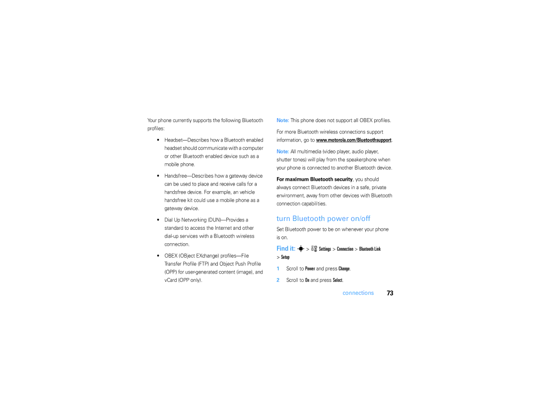 Motorola V3S manual Turn Bluetooth power on/off, Find it s wSettings Connection Bluetooth Link Setup 