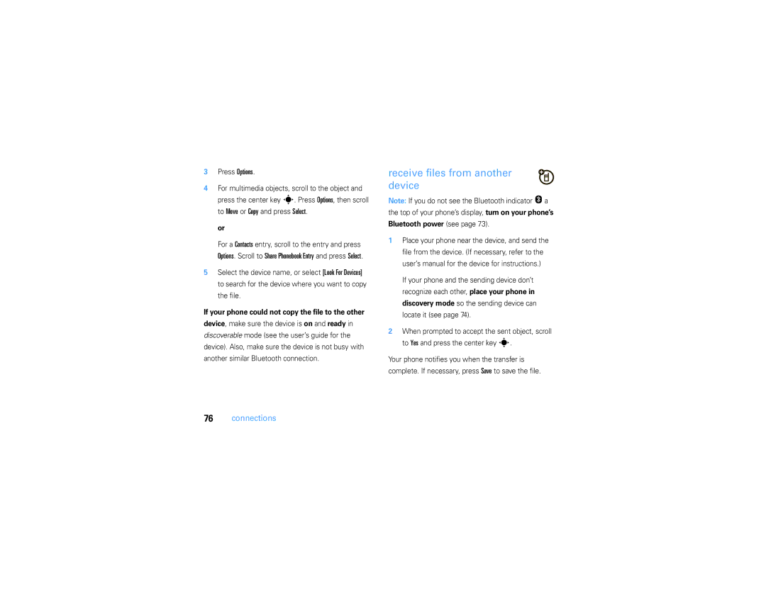 Motorola V3S manual Receive files from another device, Press Options 
