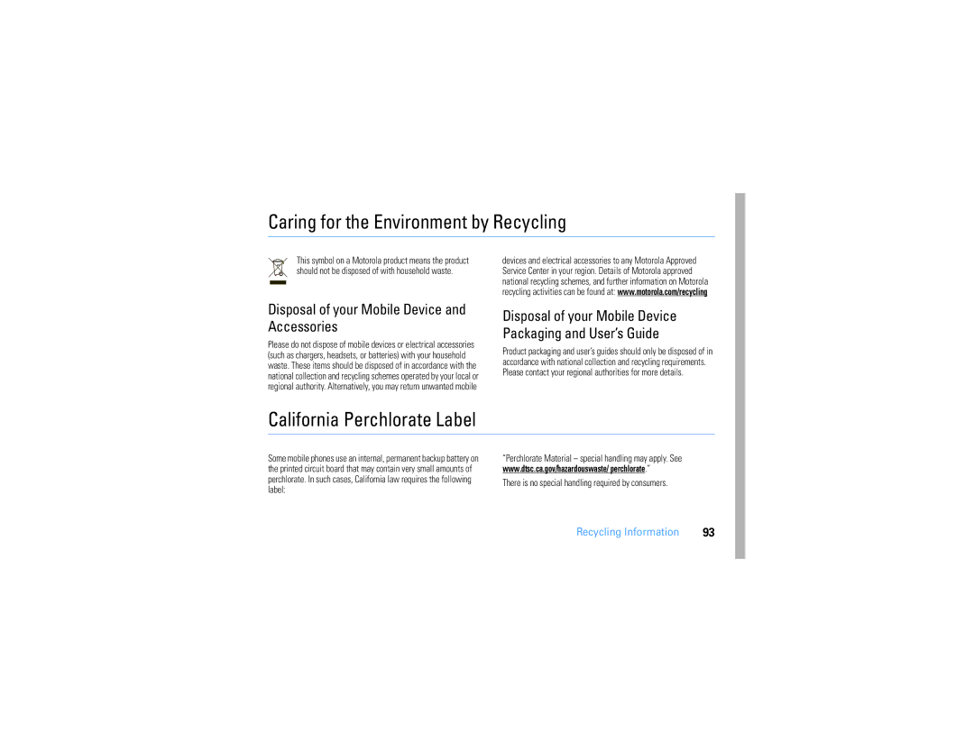 Motorola V3S manual Caring for the Environment by Recycling, California Perchlorate Label, Recycling Information 