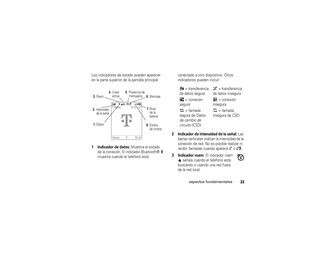 Motorola V3t manual De cambio de Circuito CSD, Indicador roam El indicador roam 