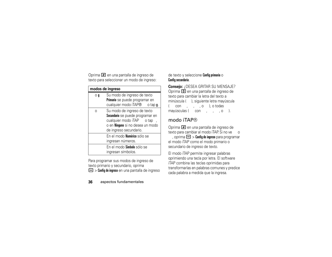 Motorola V3t manual Modo iTAP, Config secundaria, Modos de ingreso 