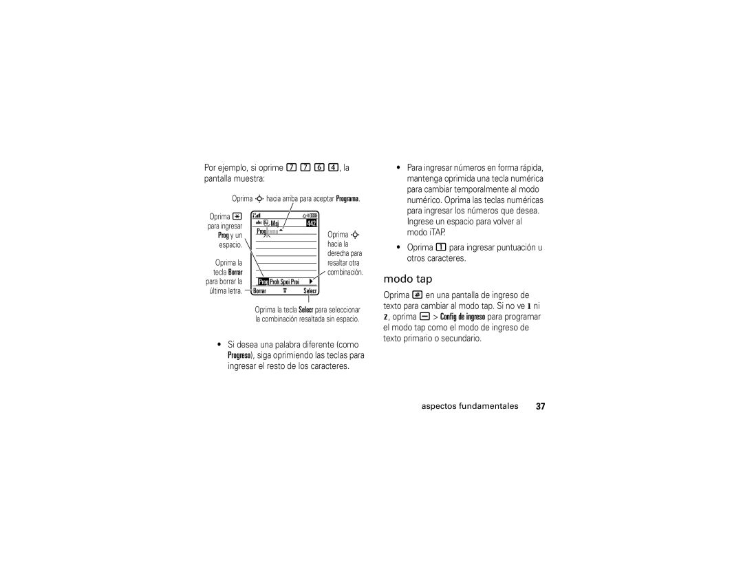 Motorola V3t manual Modo tap, Prog y un 