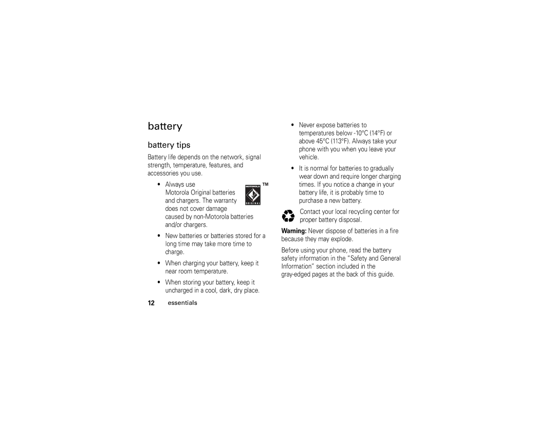 Motorola V3t manual Battery tips 