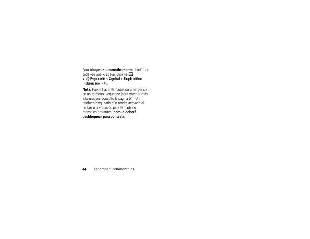 Motorola V3t manual Programación Seguridad Bloq de teléfono Bloqueo auto Act, Desbloquear para contestar 