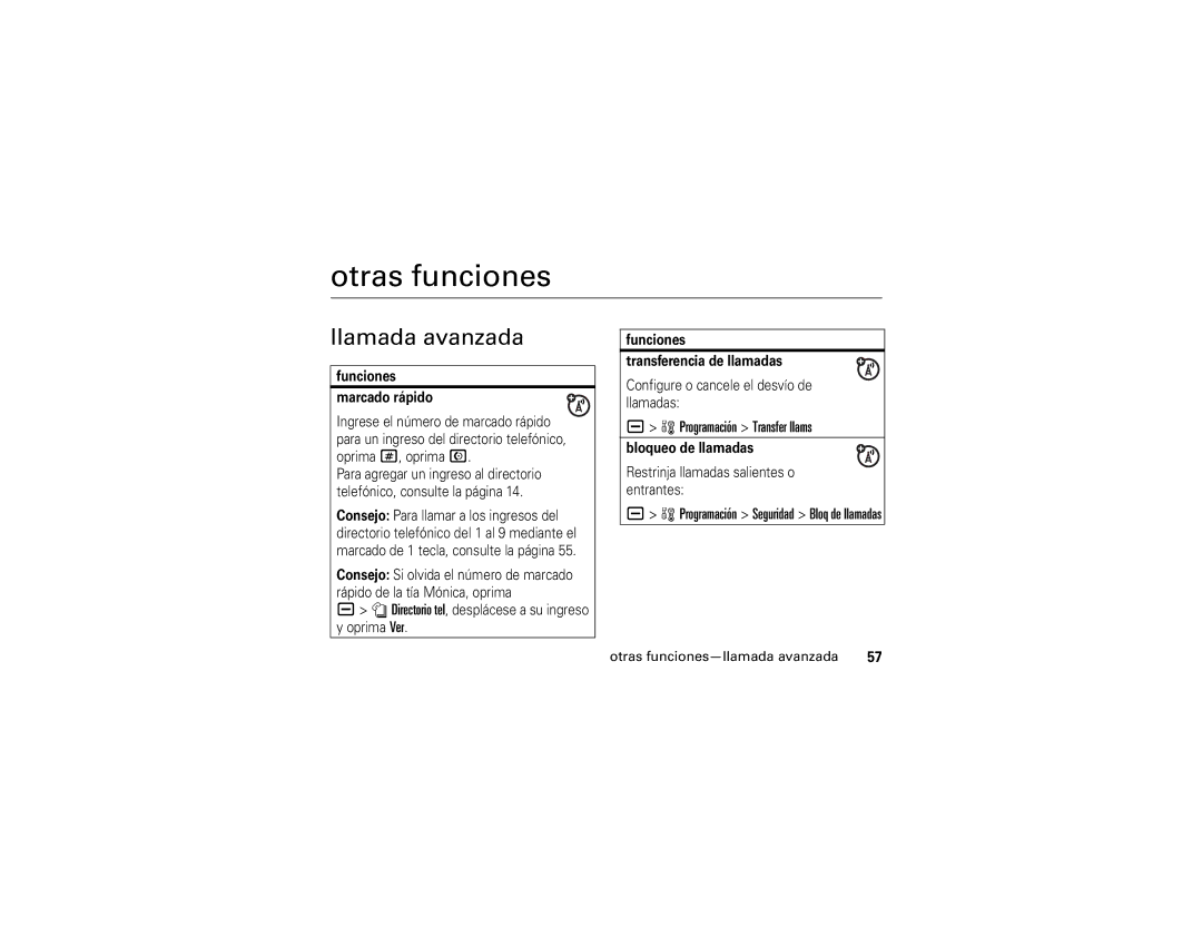 Motorola V3t manual Llamada avanzada, Programación Transfer llams, Otras funciones-llamada avanzada 