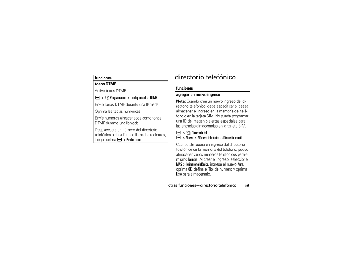 Motorola V3t manual Directorio telefónico, Programación Config inicial Dtmf, Otras funciones-directorio telefónico 