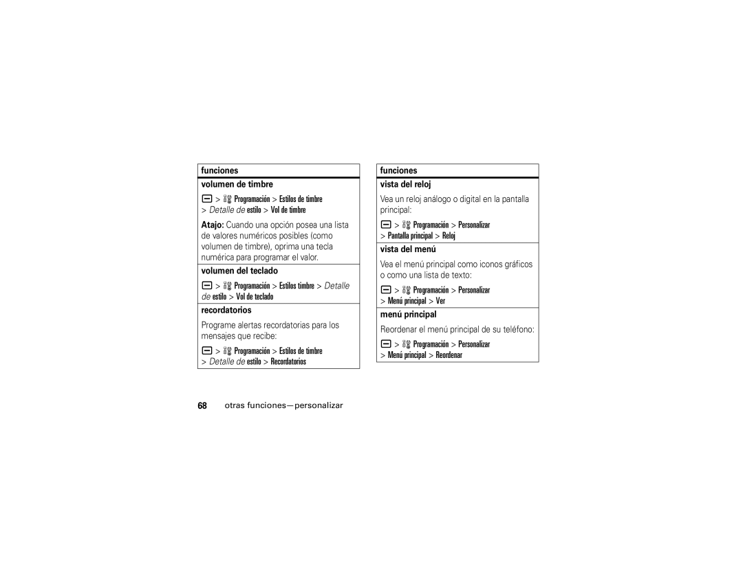 Motorola V3t Funciones Volumen de timbre, Volumen del teclado, Recordatorios, Funciones Vista del reloj, Vista del menú 