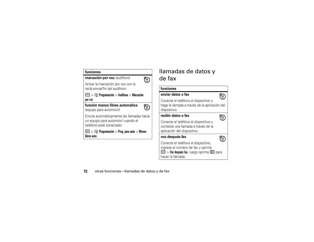 Motorola V3t manual Llamadas de datos y de fax, Programación Audífono Marcación por voz 