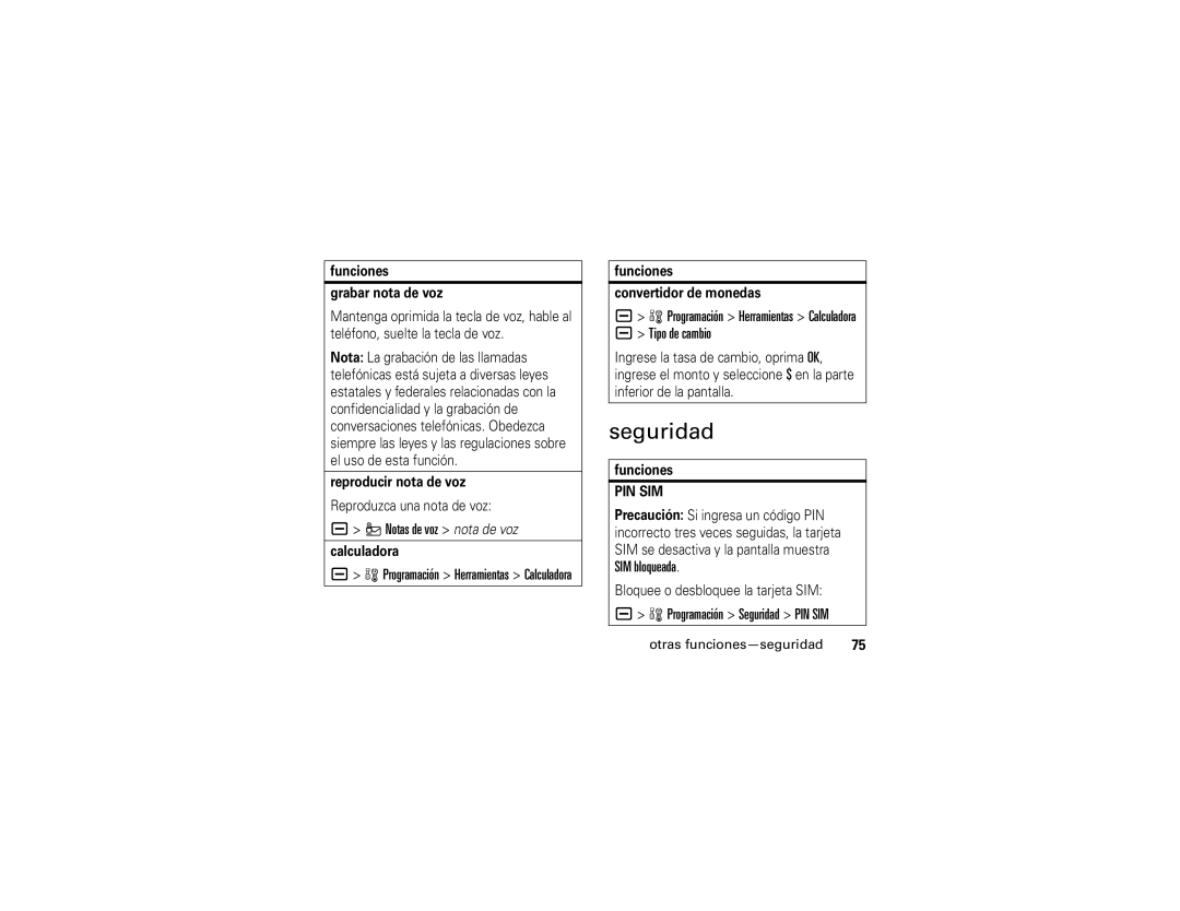 Motorola V3t Seguridad, Programación Herramientas Calculadora a Tipo de cambio, SIM bloqueada, Otras funciones-seguridad 