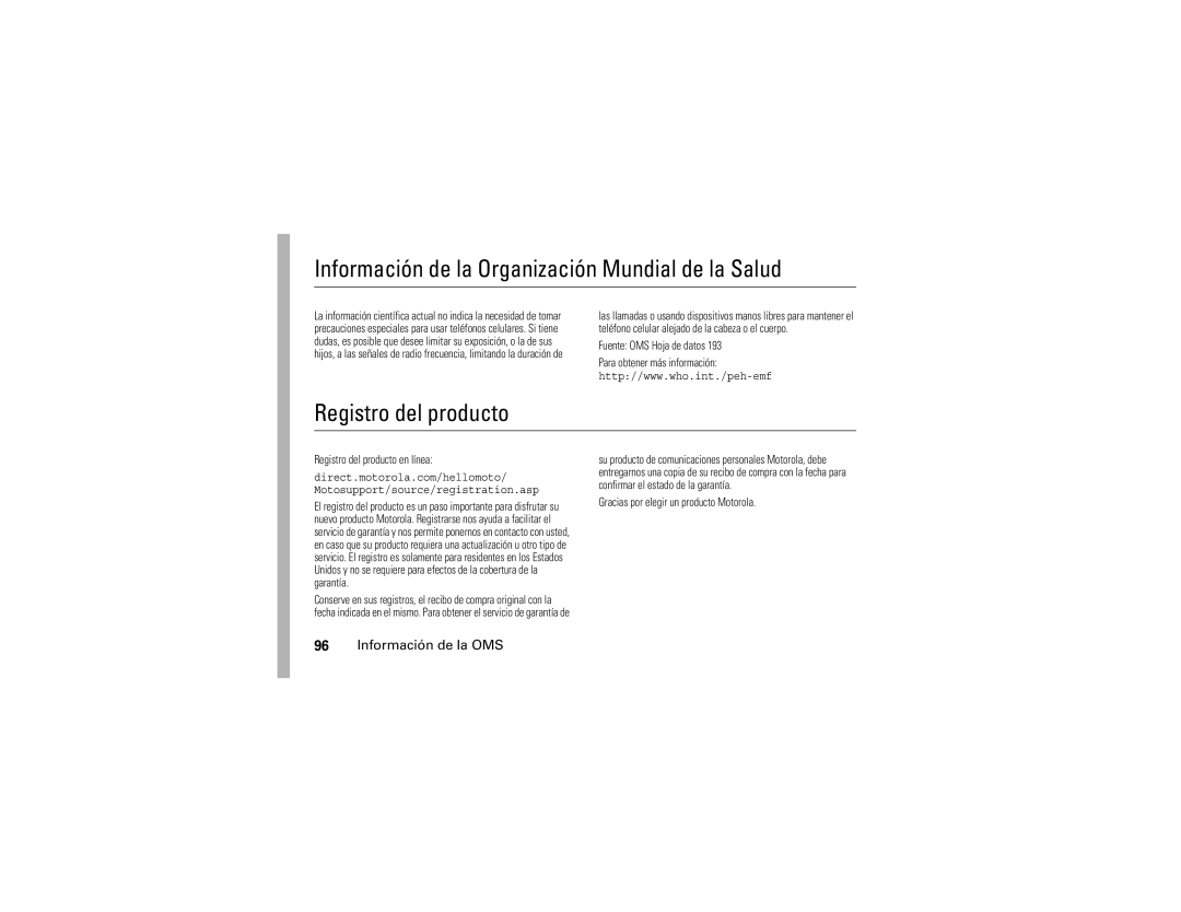 Motorola V3t manual Información de la Organización Mundial de la Salud, Registro del producto, Información de la OMS 