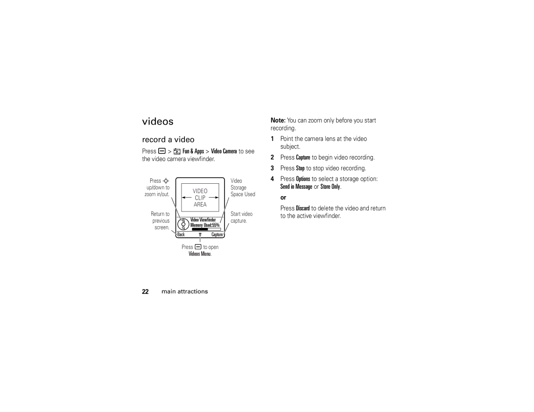 Motorola V3t manual Record a video, Send in Message or Store Only, Videos Menu 