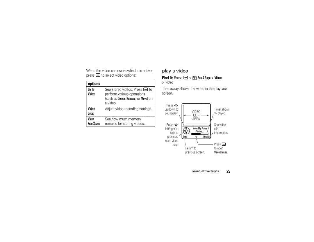 Motorola V3t manual Play a video, Find it Press a h Fun & Apps Videos 