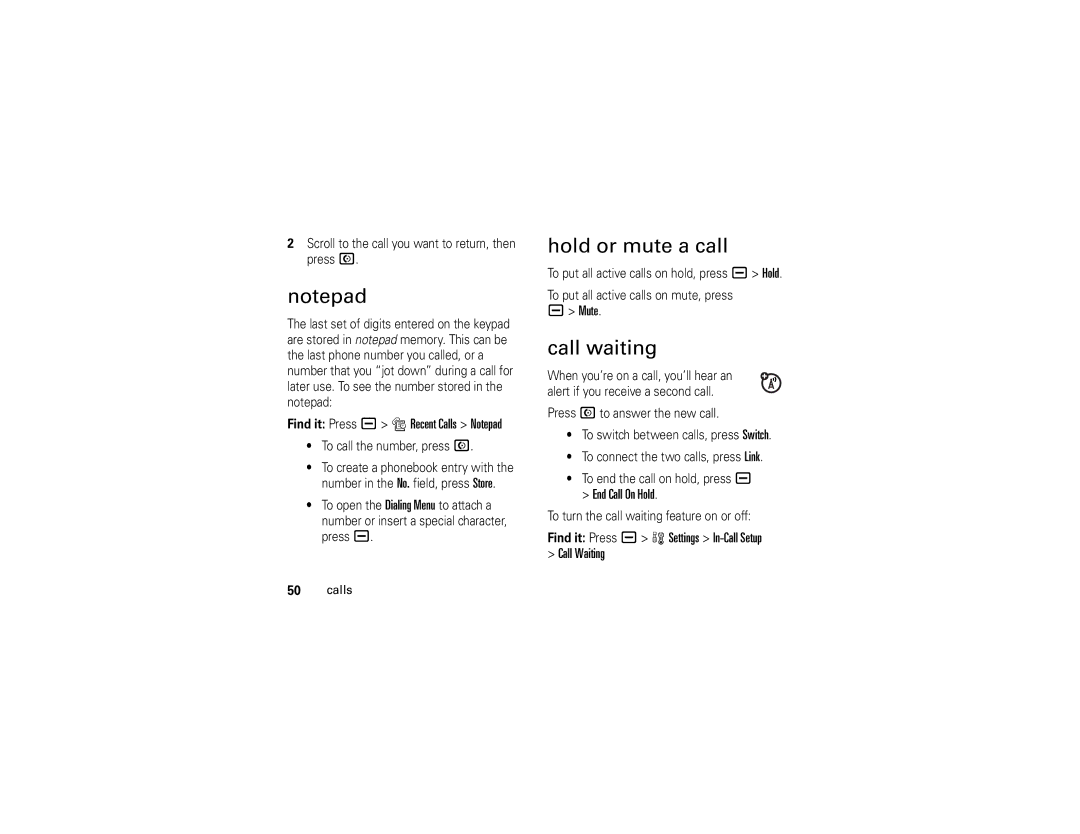 Motorola V3t manual Hold or mute a call, Call waiting 