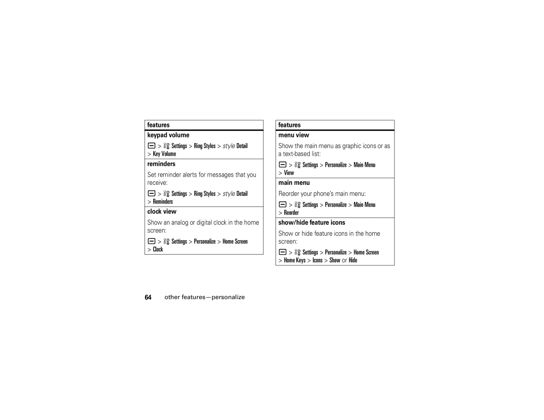Motorola V3t manual Settings Ring Styles style Detail Key Volume, Settings Ring Styles style Detail Reminders 