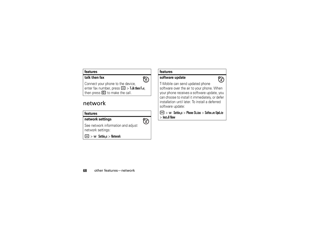 Motorola V3t manual Settings Network, Settings Phone Status Software Update Install Now, Other features-network 