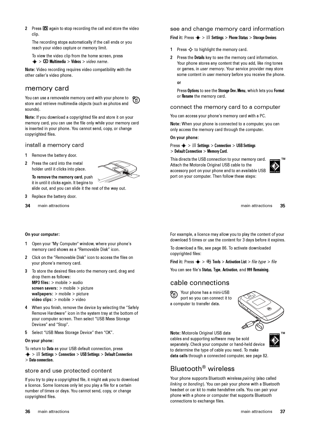 Motorola V3x specifications Memory card, Cable connections, Bluetooth wireless 